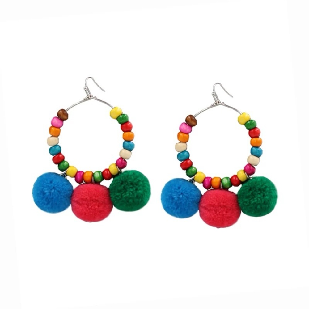 Colorful Beaded Hoop Earrings with Pom Poms
